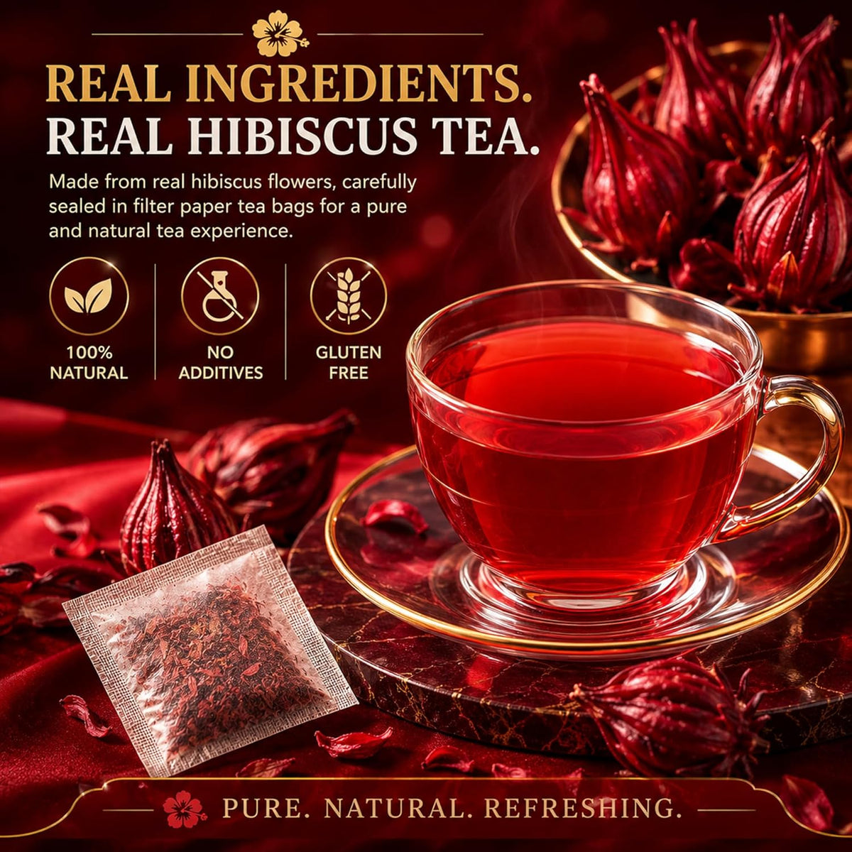 WOTIHA Premium 80 Hibiscus Flower Tea Bags (Flor de Jamaica) - 100% Natural, Tart &amp; Refreshing, Hot or Ice Tea - Rich in Antioxidants, Sugar-Free Caffeine-Free Non-GMO Vegan Gluten-Free.