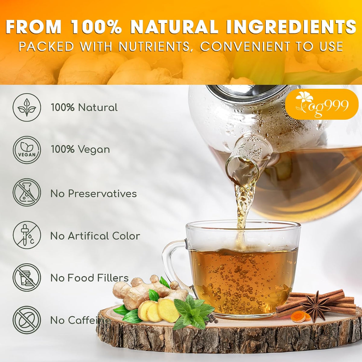 TOG999 Herbal Turmeric Ginger Cinnamon Tea Bags, 20 Count