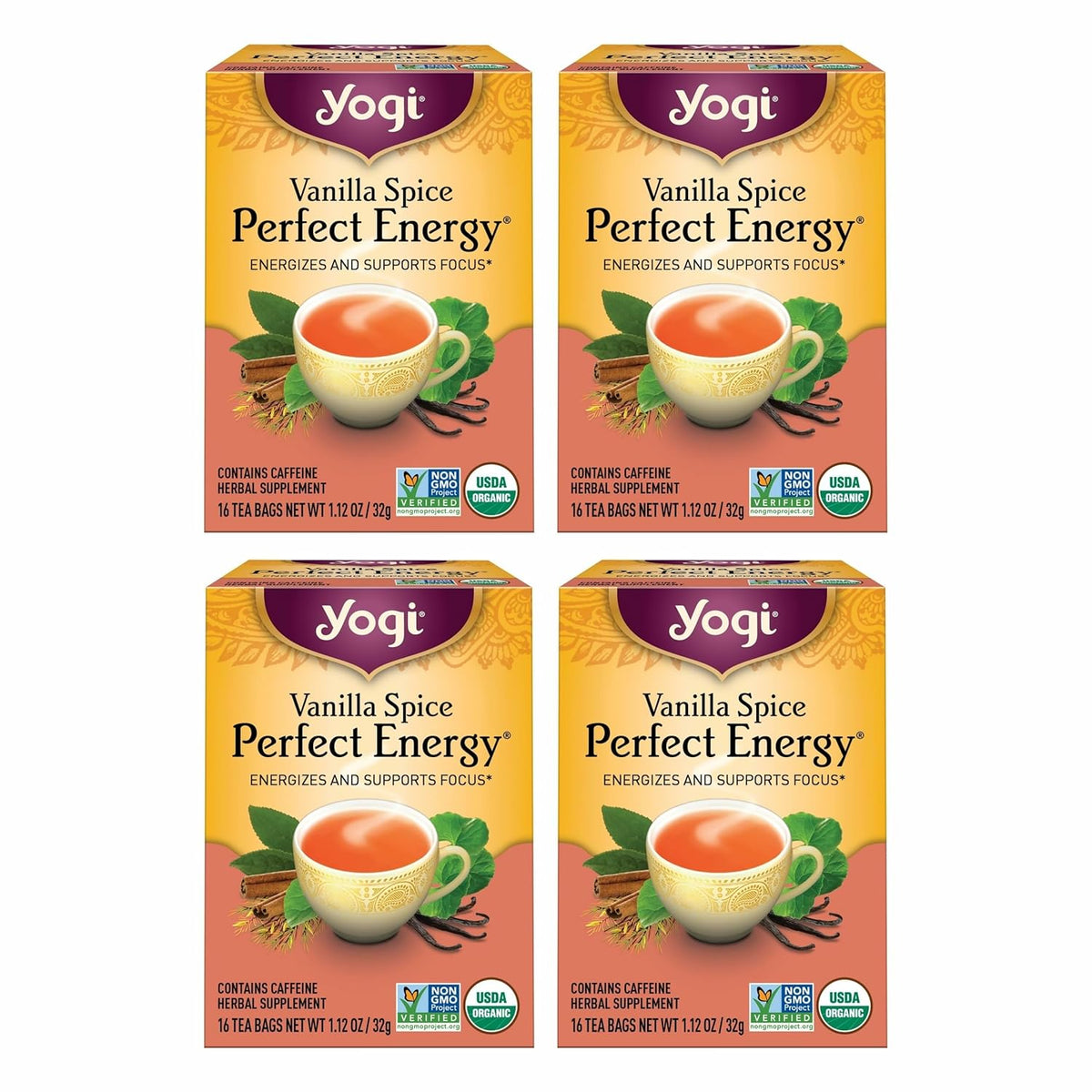 Yogi Tea Vanilla Spice Perfect Energy - 16 Bags per Pack (4 Packs) - Organic Vanilla Energy Tea - Focus Tea - Includes Green Tea, Black Tea, Ashwagandha, L-Theanine & More