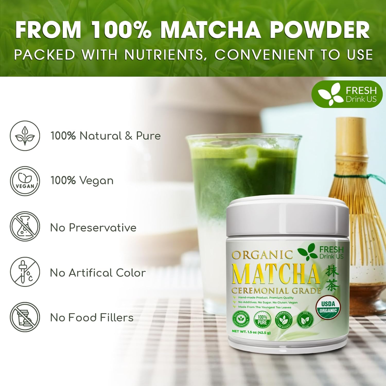 FreshDrinkUS, Organic 1.5 oz Luxury Ceremonial Grade Matcha | USDA - Premium Japanese Green Tea Powder | Stone-Ground Shade-Grown Leaves | Rich Umami Flavor, Vibrant Color & Smooth Finish