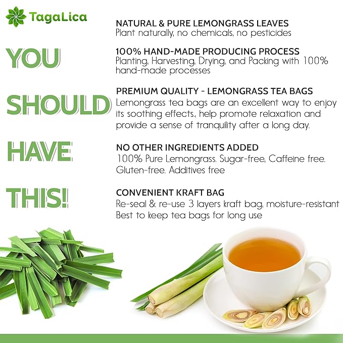 Tagalica, Premium 75 Lemongrass Tea Bags, 100% Natural & Pure Lemongrass leaves, Eco-Conscious Tea Bags, Lemongrass Herbal Tea. Lemongrass Leaf Tea