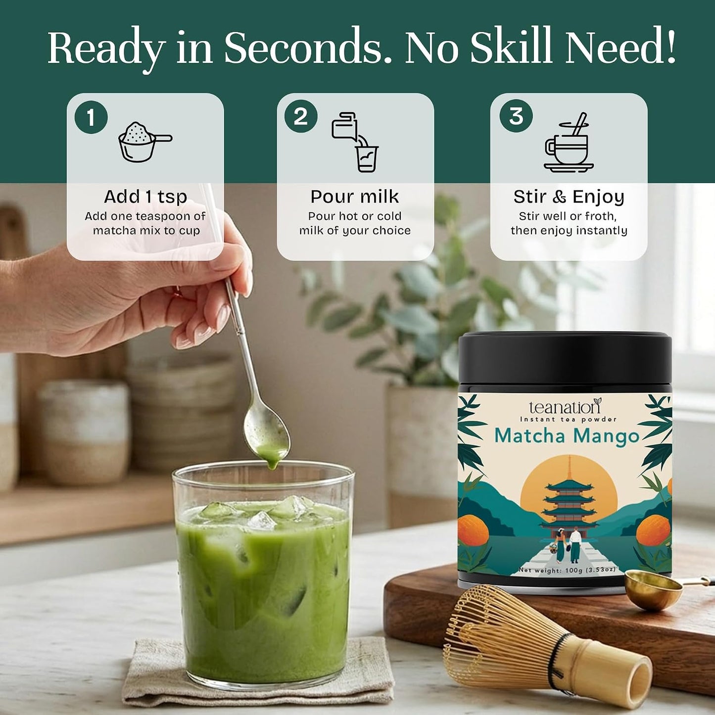 Tea Nation Matcha Mango Latte – Instant Matcha Latte Powder Drink Mix with Real Mango | Mango Green Tea Energy Drink | Smooth Energy Boost | Vegan, No Additives | 100g