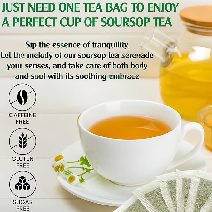 USDA Organic Soursop Leaves Tea Bags, 100% ORGANIC and Pure Soursop Graviola Leaves - Hojas De Guanabana Tea - Non-GMO - Caffeine-free - Improve Digestion, Support Healthy Skin & Sleep, Eco-Conscious Corn Fiber Tea Bags. Organic Graviola Tea