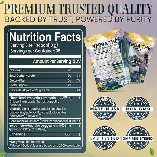 Yerba Mate Powder - Clean Energy & Focus - Organic Yerba Mate Tea 350g - Supports Gut Health with Probiotics & Prebiotics, Brain Fog Relief, Focus & Relaxation - Mint Flavor, 35 Servings
