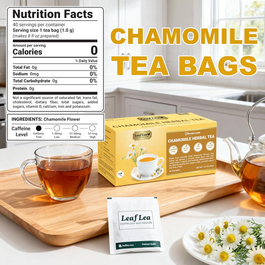 LeafLea Chamomile Herbal Tea Bags, Calm Evening Routine, 80 Count | From Chamomile Flowers, Smooth Floral Taste, Caffeine-Free, Naturally Sugar-Free, Non-GMO, Individually Wrapped