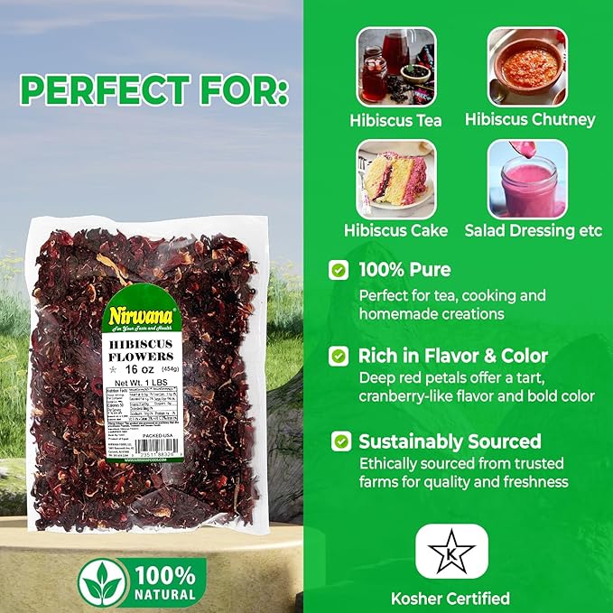 Premium Dried Hibiscus Flowers – Whole Flower Petals for Herbal Infusions, Loose Leaf Blends, and Culinary Use – Great with Dandelion Root, Raspberry Leaf, and More (16oz)