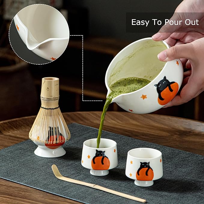 Matcha Set -Cute Cat Matcha Bowl Set with Whisk, Scoop, Whisk Holder & 2 Cups, 6 Pcs Authentic Matcha Tea Ceremony Kit, Great Gift for Tea Lovers