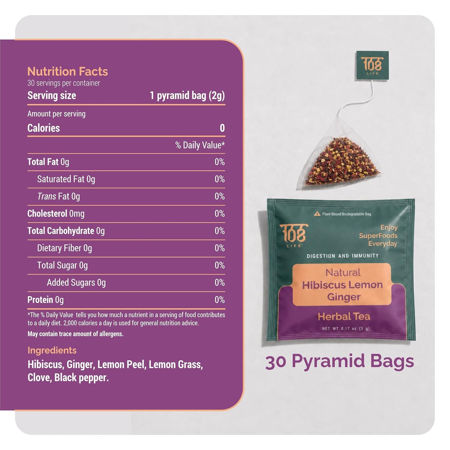 108LIFE Herbal Tea Bags - Caffeine Free 30 Count - Hibiscus Lemon Ginger | Supports Digestion &amp; Immunity, Vibrant Zesty Detox, Natural Aroma, Caffeine-free SuperFoods Biodegradable Pyramid Tea Bags