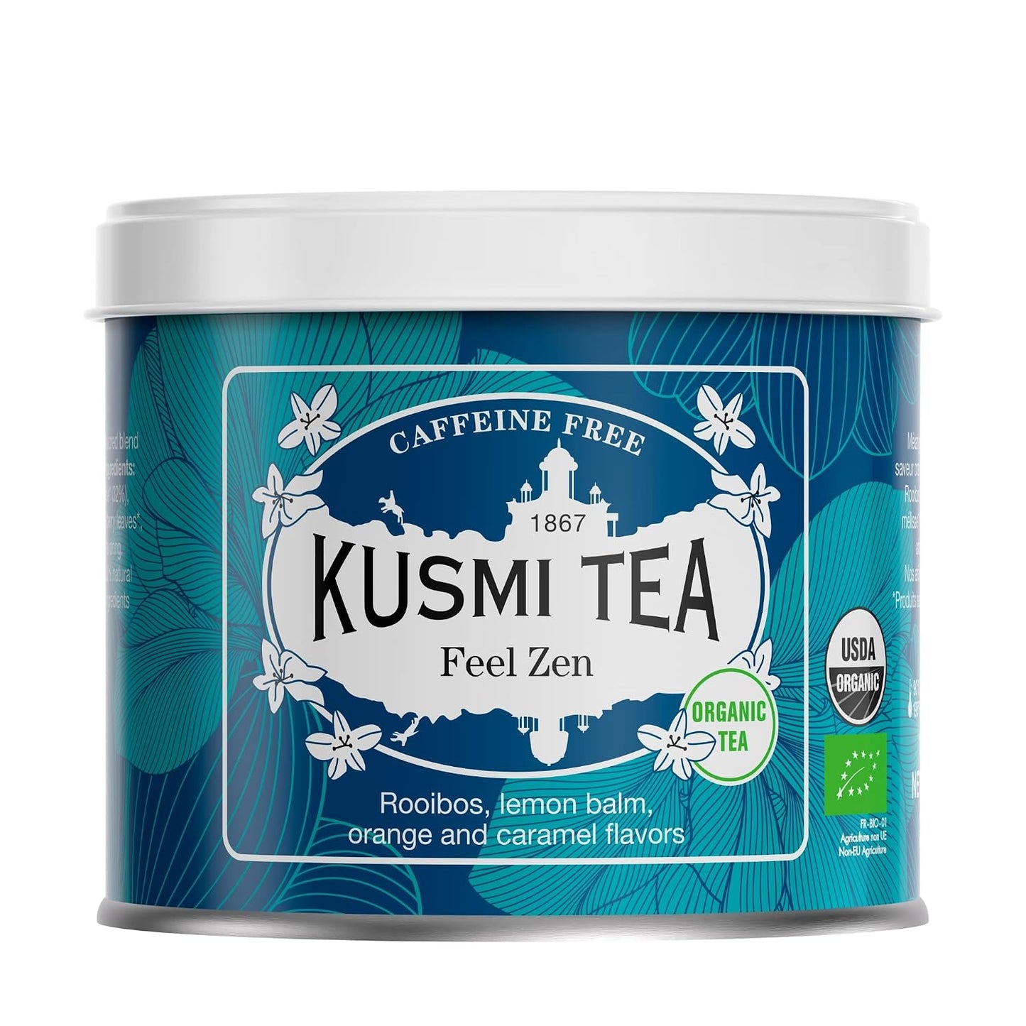 Kusmi Tea - Feel Zen - Organic Herbal Tea Blend of Rooibos with Notes of Apple, Lemon, Orange &amp; Caramel - Caffeine Free Tea - Loose Leaf Tea - Tin Box of 3.5 oz - Quantity for about 50 cups