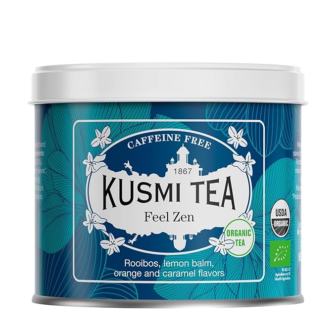 Kusmi Tea - Feel Zen - Organic Herbal Tea Blend of Rooibos with Notes of Apple, Lemon, Orange & Caramel - Caffeine Free Tea - Loose Leaf Tea - Tin Box of 3.5 oz - Quantity for about 50 cups
