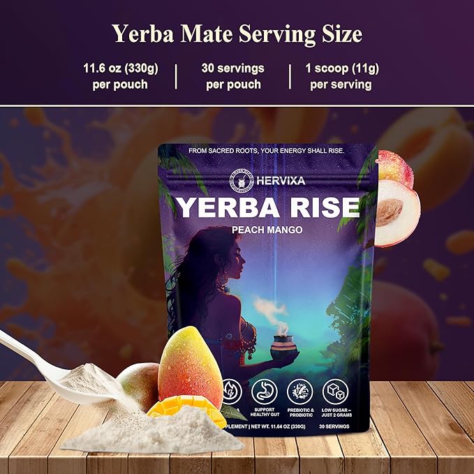 Yerba Mate Peach Mango Energy Tea Powder – Clean Plant-Based Focus Drink with Probiotics & Adaptogens – Low Sugar, No Crash, Smooth Taste – 30 Refreshing Servings