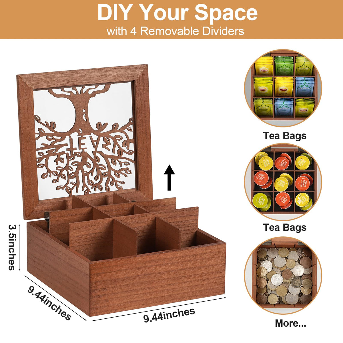 handrong Wood Tea Box Organizer,Tea Organizer and Storage with Tree Pattern