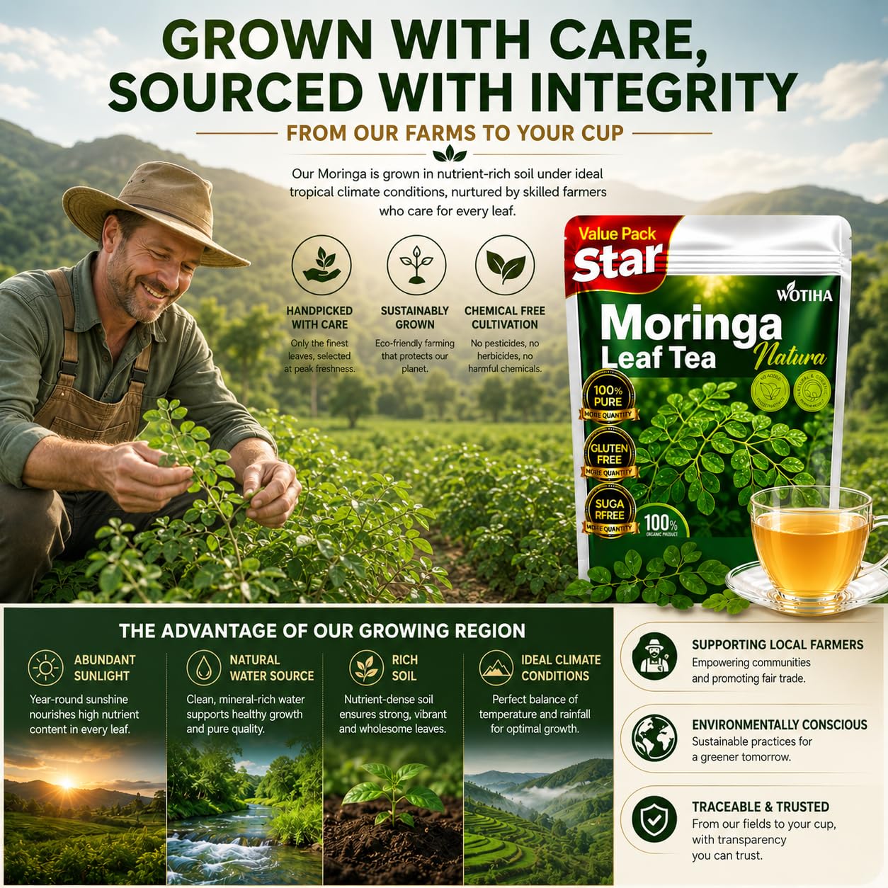 WOTIHA Moringa Tea Herbal Bags, 60 Count,100% Pure &amp; Natural Moringa Leaves, Cultivated From India-Supports Daily Wellness &amp; Digestion, Non-GMO Caffeine-Free