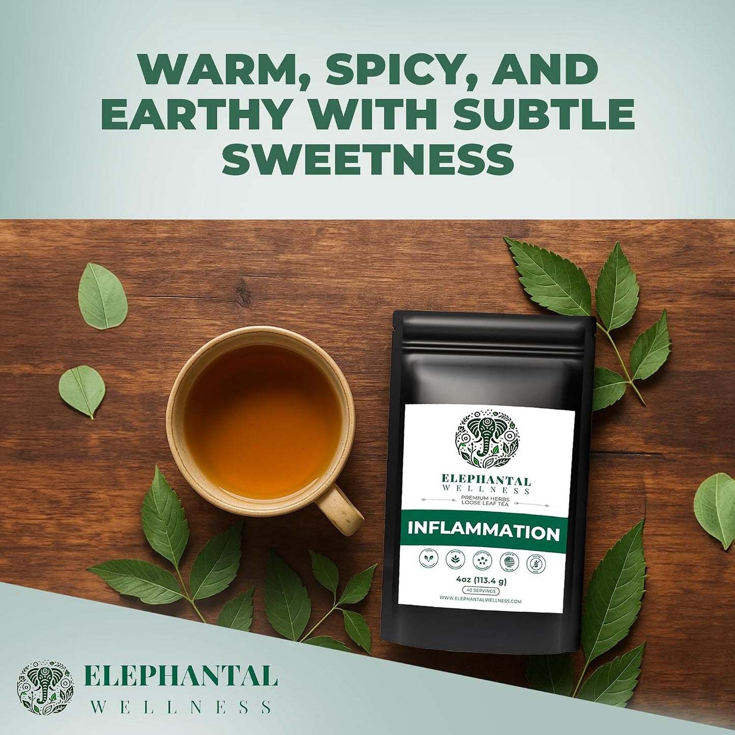 Elephantal Wellness Premium Inflammation Herbal Tea | Comfort &amp; Mobility Blend with Turmeric, Boswellia, White Willow Bark &amp; Ginger | Handmade, Non-GMO, Caffeine-Free Loose Leaf, 4oz, 40 Servings