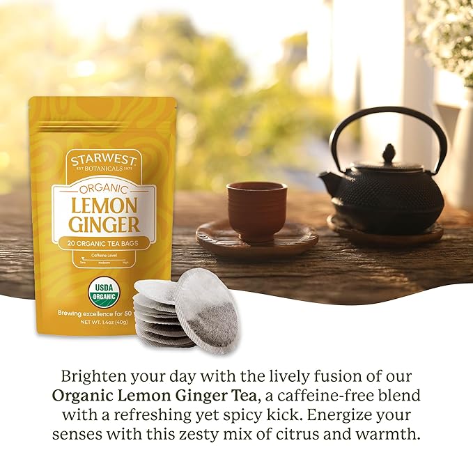 Starwest Botanicals Organic Lemon Ginger Tea - Caffeine Free Herbal Blend for Women & Men, Lemongrass, Ginger Root, & Peppermint Leaf