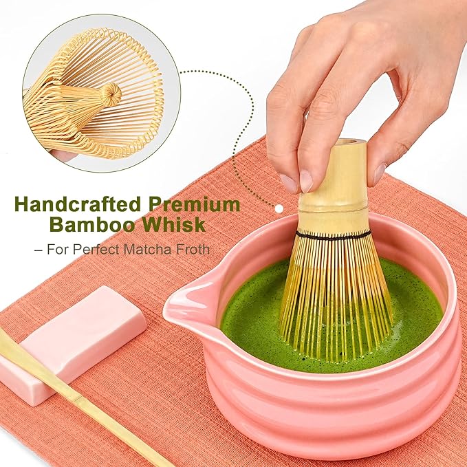 Artisan Ceramic Matcha Set, 7Pcs Japanese Matcha Whisk Kit with Playful Pink Glaze Bowl, Bamboo Chasen & Sifter - Elegant Tea Ceremony Gifts for Women, Premium Home Essentials (Pink)