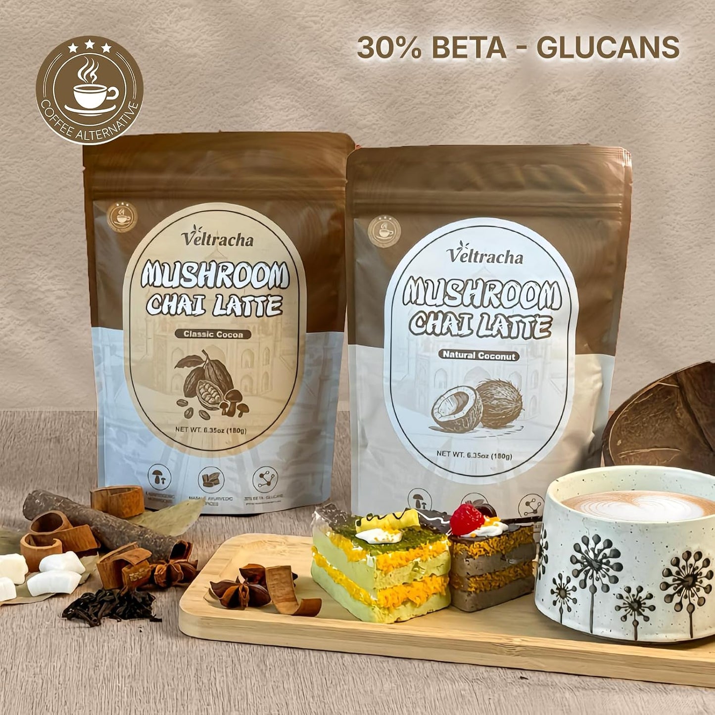 Veltracha Mushroom Chai Tea, Instant Decaf Powder, Natural Coconut | 6 Adaptogenic Mushrooms, Spiced Chai Latte, Energy &amp; Focus Support, 6.35 oz 20 Servings