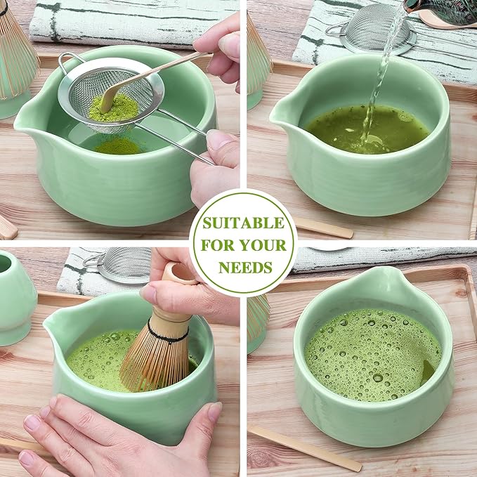Matcha Whisk Set,7pcs Green Matcha Set includes Matcha Bowl (19 oz),Bamboo Matcha Whisk and Matcha Scoop,Matcha Whisk Holder,Stainless Steel Sifter