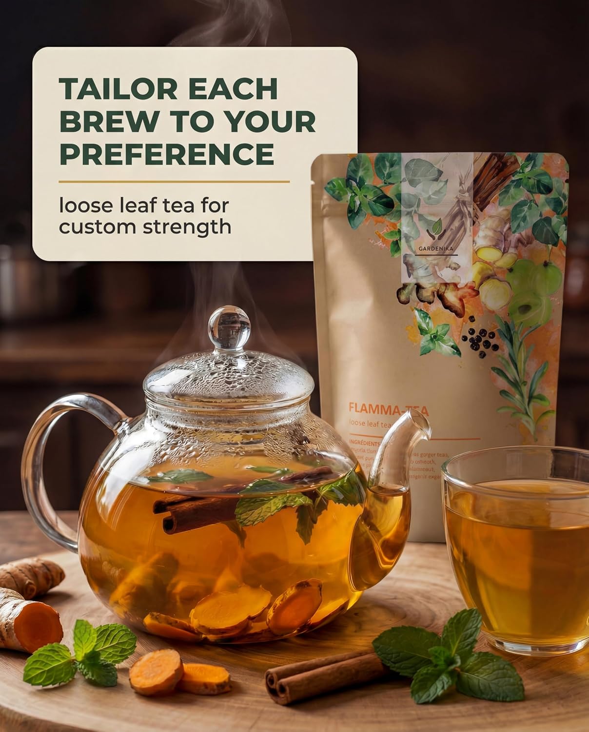 Gardenika Organic Flamma-tea Loose Leaf Tea | Premium Turmeric Ginger Blend with Cinnamon, Peppermint &amp; Black Pepper | 100% Natural, Caffeine Free Herbal Wellness Tea | 4oz (113g)