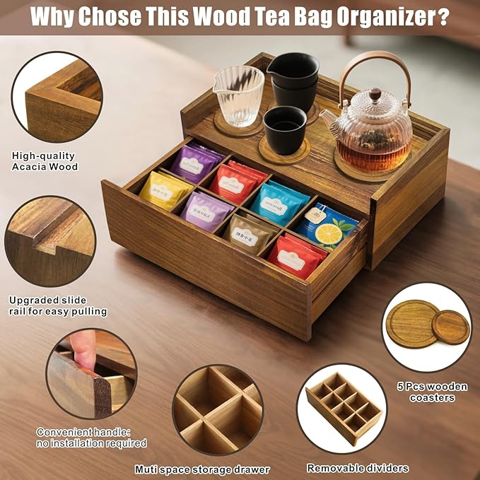 Idefair Acacia Wood Tea Box Organizer Storage Box with 5 Wooden Coasters, Tea Bags Organizer Chest Storage with Drawer, Tea Bag Box for Coffee Teabgs Countertop Display