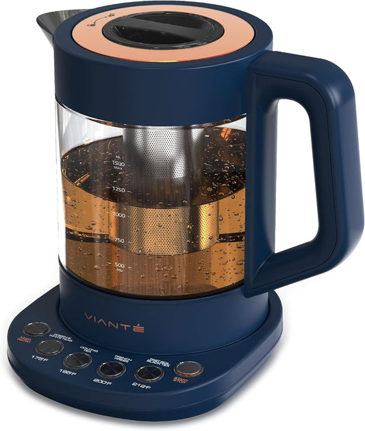 Viante Alba Electric Tea Kettle, Infuser, No Plastic, 1.5L, Midnight Blue | Borosilicate glass &amp; 304 stainless steel construction. 4 temp presets, keep-warm, cordless, auto shut-off