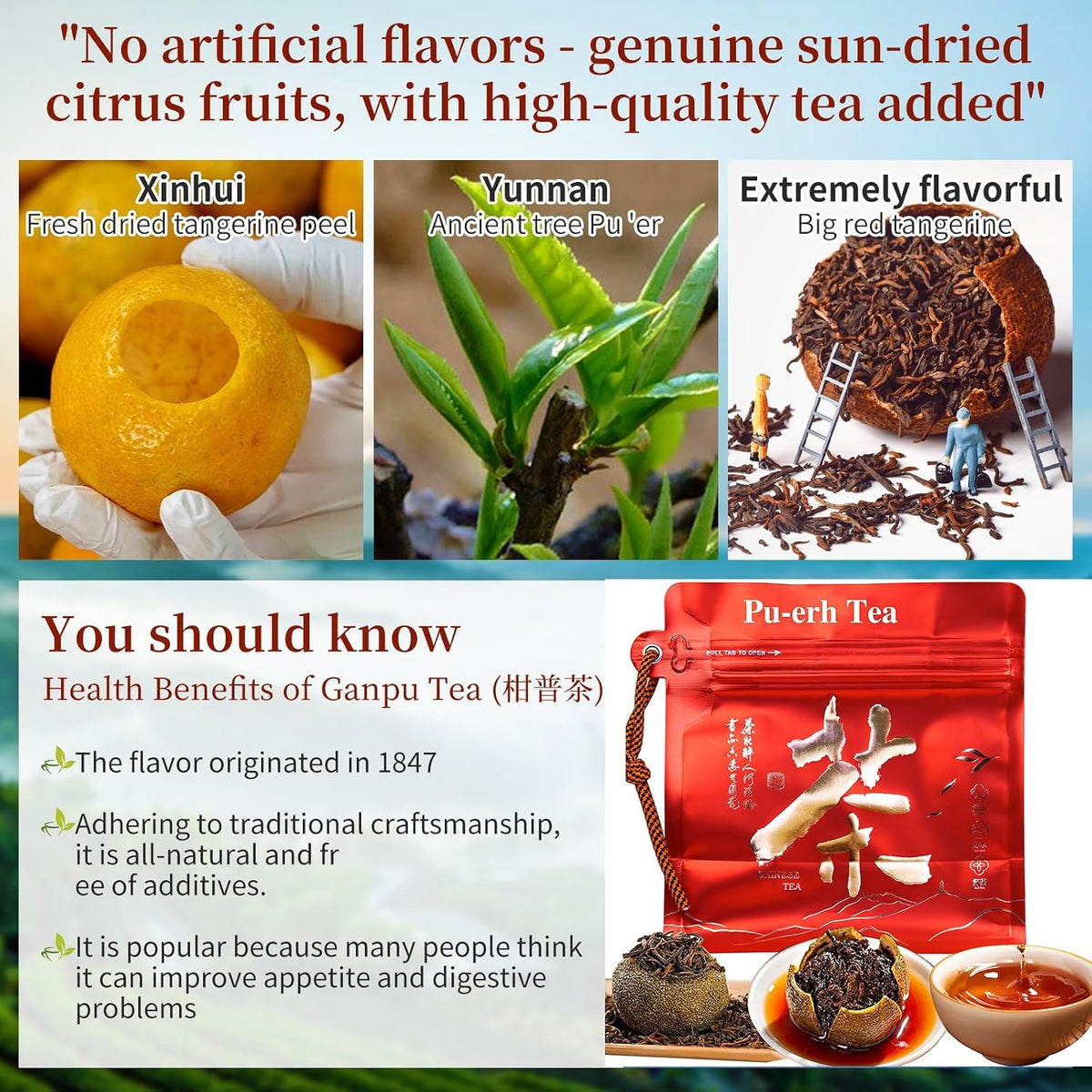 CHADUO Tangerine Peel Puerh Tea Xinhui Dahonggan Orange Peel Puer Xinhui Chenpi Pu'er Da Hong Gan Mandarin Orange Peel Puerh 7.05oz/200g Ripe Pu-erh Rich Citrus Aroma And Aged Pu'er Fragrance 大红柑 普洱茶