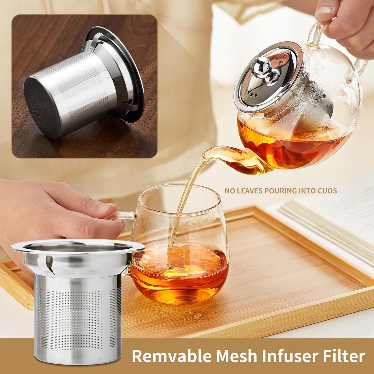 DOPUDO Glass Teapot with Infuser, 20 oz Borosilicate Tea Kettle | Clear borosilicate glass with removable 18/8 steel infuser for stovetop brewing of loose-leaf, herbal, and blooming tea.