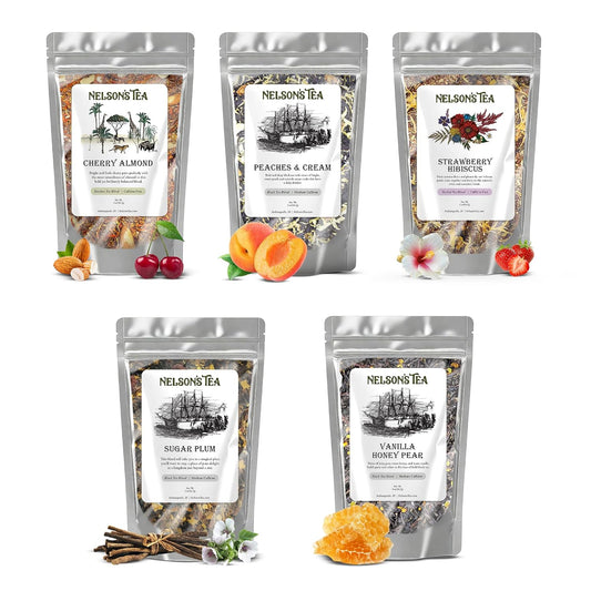 Nelson's Tea Fruit Sampler Pack 5 Flavors Variety Loose Leaf Tea, 2 oz | Cherry Almond • Peaches and Cream • Strawberry Hibiscus • Sugar Plum • Vanilla Honey Pear • Tea • Loose Leaf Tea Sampler