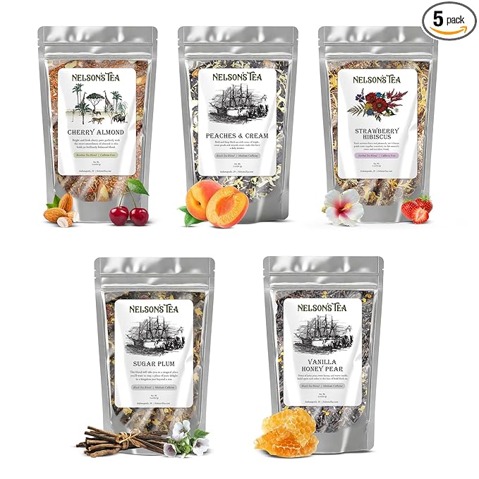 Nelson's Tea Fruit Sampler Pack - 5 Flavors Variety Pack - Loose Leaf Tea Sampler - Cherry Almond, Peaches & Cream, Strawberry Hibiscus, Sugar Plum