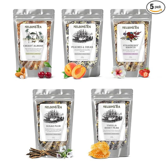 Nelson's Tea Fruit Sampler Pack - 5 Flavors Variety Pack - Loose Leaf Tea Sampler - Cherry Almond, Peaches & Cream, Strawberry Hibiscus, Sugar Plum