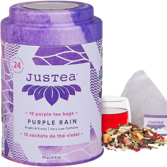 JusTea PURPLE RAIN Plastic-Free Pyramid Purple Tea Bags, 12+ Cups Tin