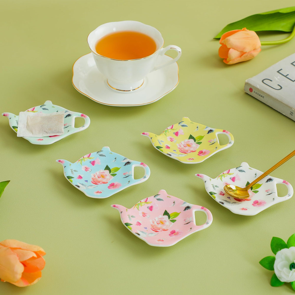 PRECITIME Tea Bag Coasters Set of 5, Floral Holder, Tea Party Gift