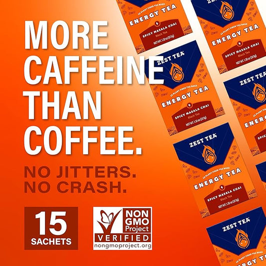 Zest Energy Black Tea - Spicy Masala Chai - High Caffeine Cardamom Ginger Tea with Cinnamon, Cloves & Vanilla Chai - Caffeinated Coffee Alternative - Natural, Non-GMO & Keto - 15Ct Box - 150mg Caf