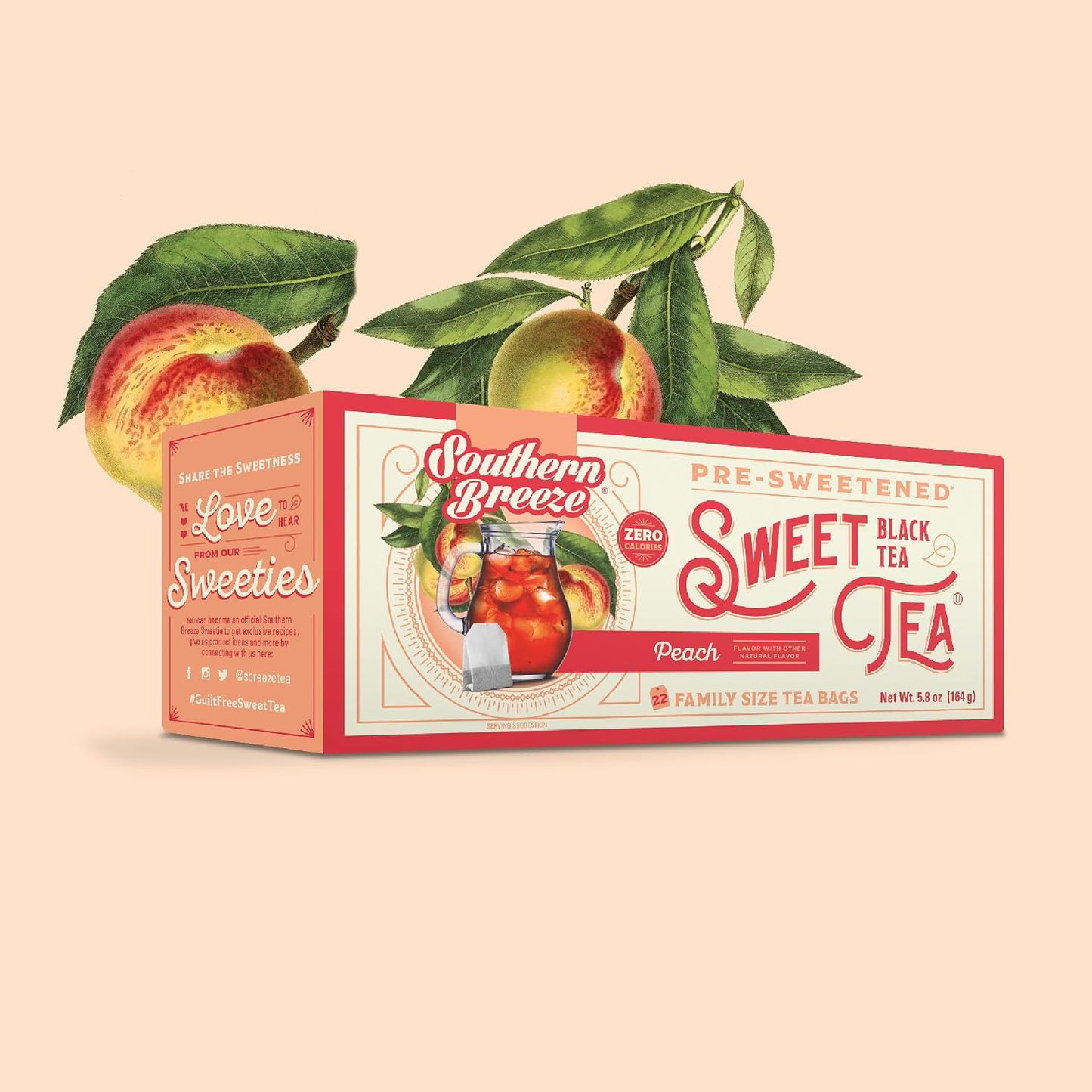 Southern Breeze Peach Family Size Tea Bags, 22 Ct (Pack of 2) | Southern-Style Sweet Tea | By the Pitcher | Zero Sugar | Zero Carbs | Hot Brew Ready | Perfect for Family