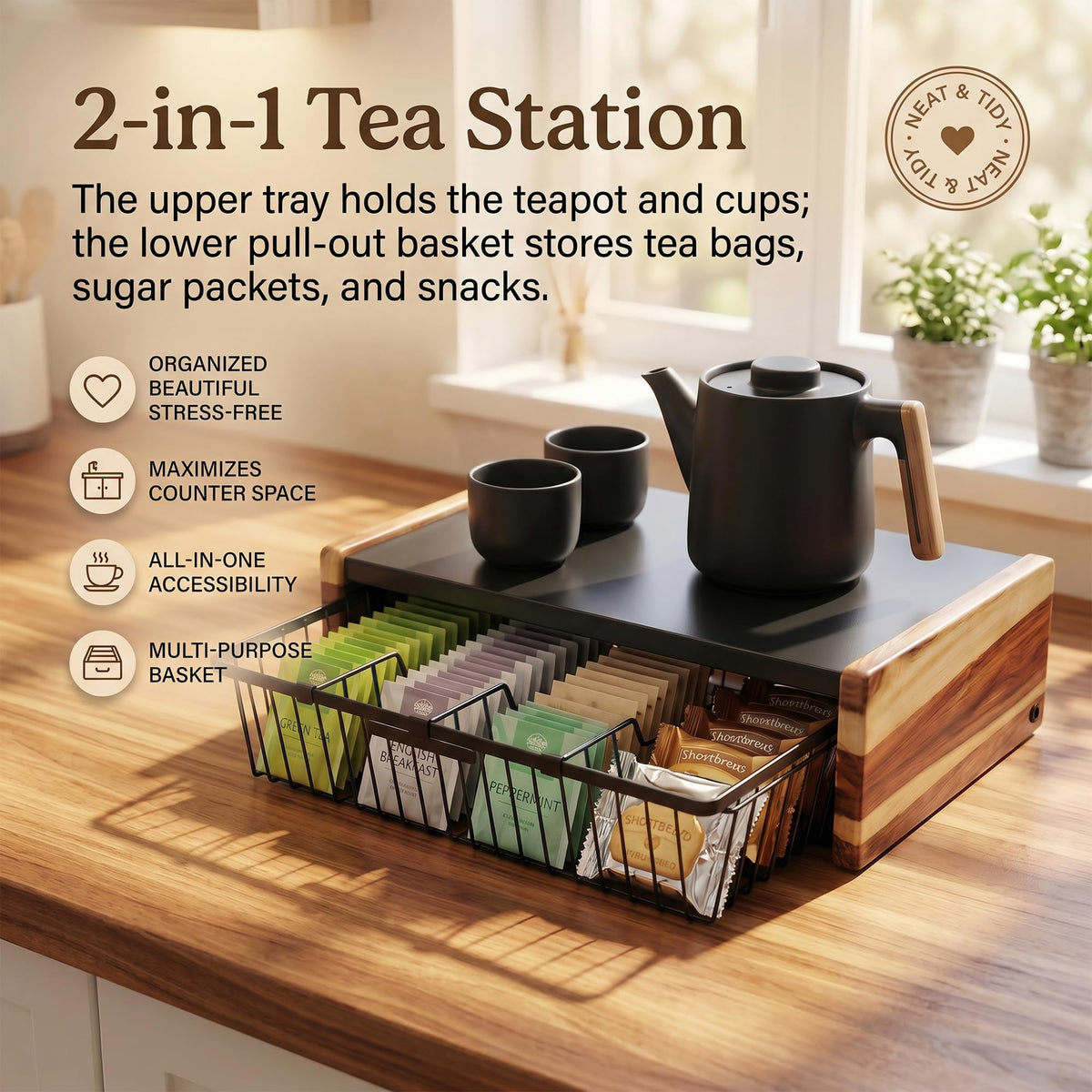 WILDMOS Tea Bag Organizer,Wire Basket Drawer Design for Teabag Holder Container for Countertop,Tea Station Chest Display