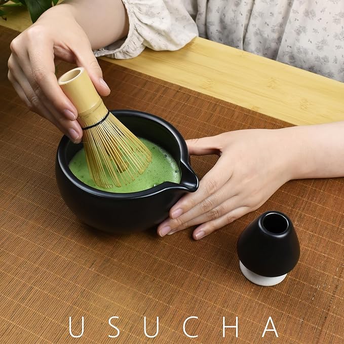 Artcome 4 Pcs Complete Matcha Ceremony Kit - Bowl With Pouring Spout, Whisk, Holder, Scoop - Japanese Tea Set for Making Usucha