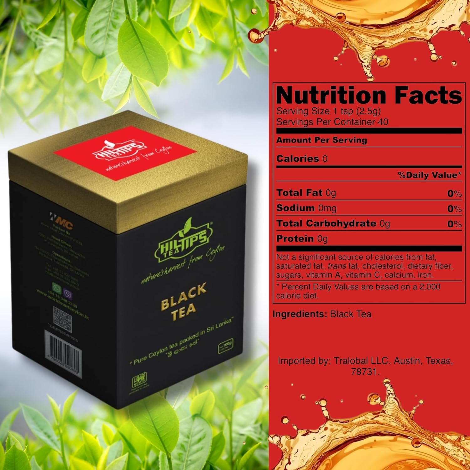 Loose Leaf, Pure Ceylon Black Tea 100g, Exquisite Blend, In a Reusable Square Caddy, Hiltips