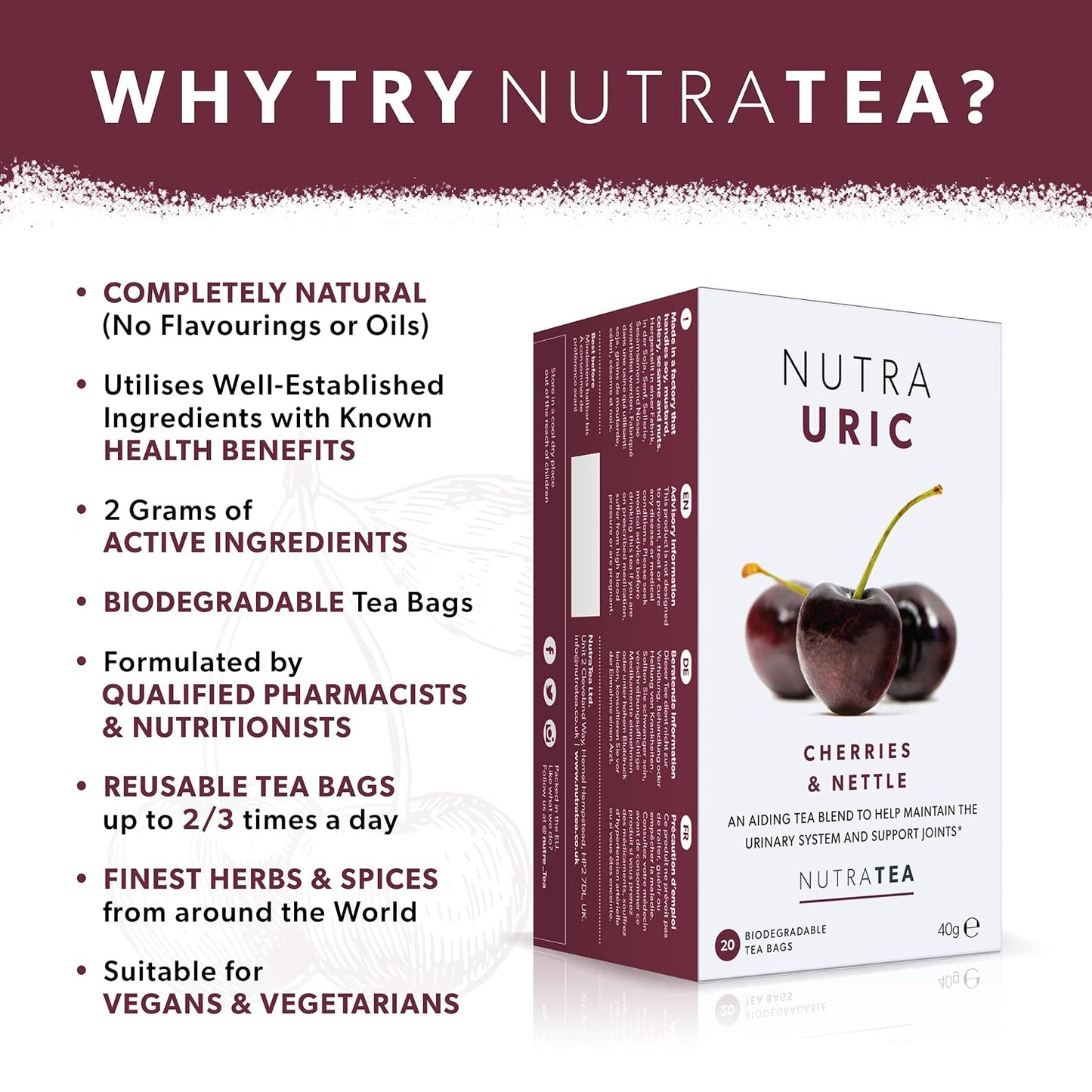 NUTRAURIC - Uric Acid Cleanse and Kidney Support – Kidney Cleanse Tea – Includes Cherry, Nettle &amp; Turmeric - 40 Enveloped Tea Bags - by Nutra Tea - Herbal Tea - (2 Pack)