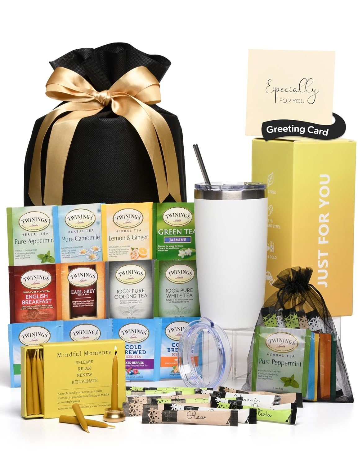 Tea Lovers Gifts Basket - Gift Set Includes Candles, Temperature Retention Cup, 12 Special Blend Teabags & Sweeteners in Gift Bag For Women & Men