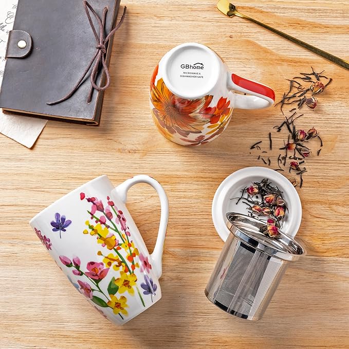 Gbhome Tea Mug with Infuser and Lid, 18 Ounce Large Ceramic Loose Leaf Cup, Microwave, Dishwasher Safe, Perfect for Tea Lovers