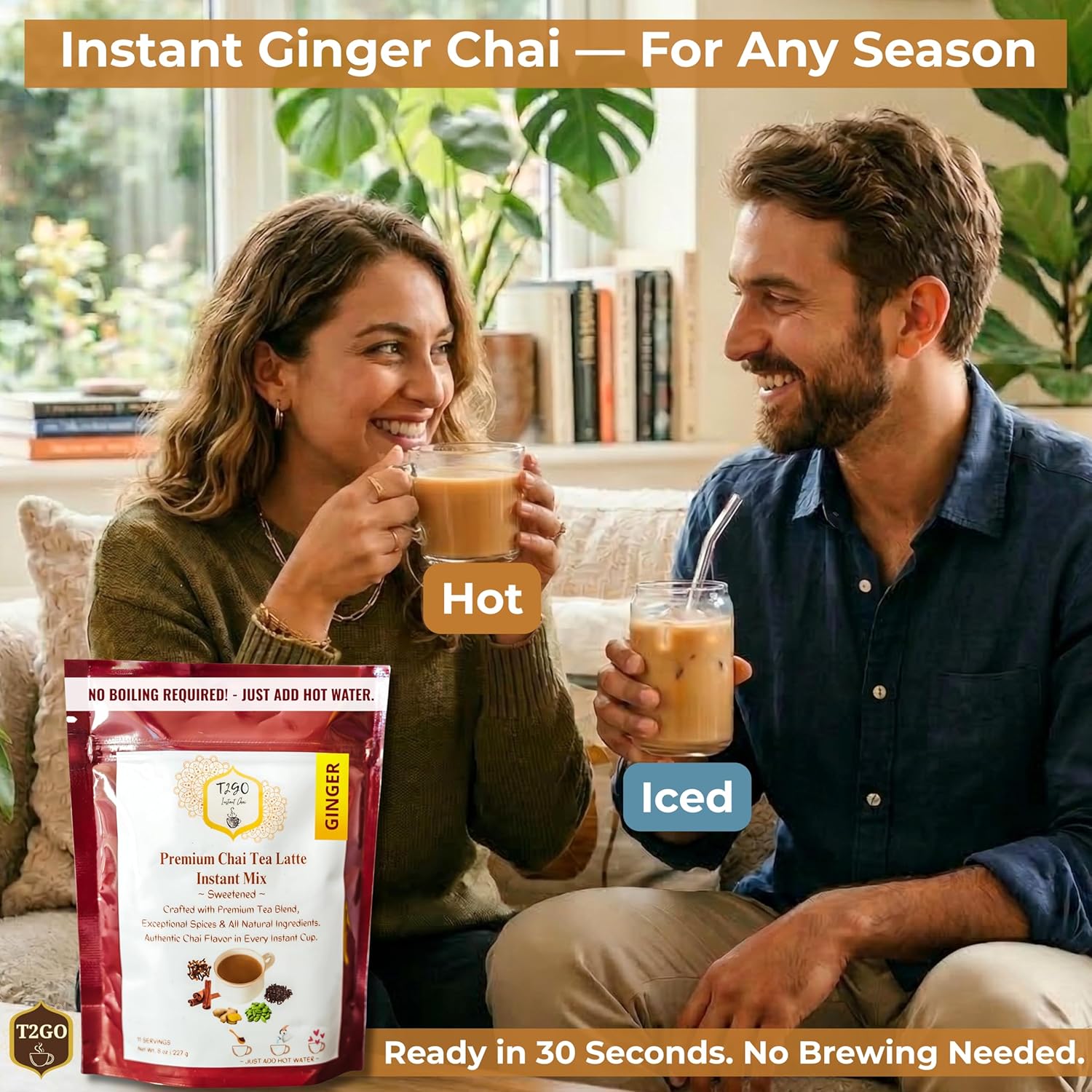 T2GO Instant Ginger Chai Latte Powder – Authentic Indian Chai Tea Mix | Low Sugar | Instant Chai Latte