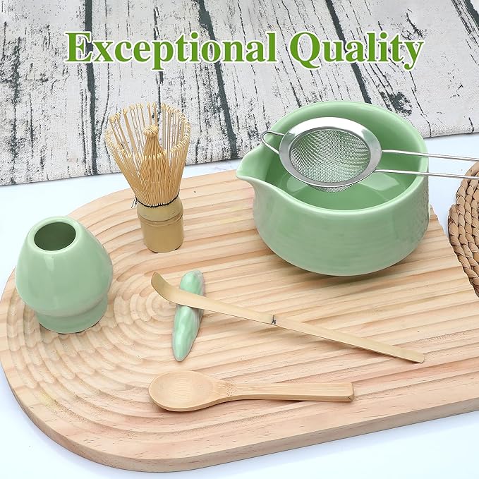 Matcha Whisk Set,7pcs Green Matcha Set includes Matcha Bowl (19 oz),Bamboo Matcha Whisk and Matcha Scoop,Matcha Whisk Holder,Stainless Steel Sifter