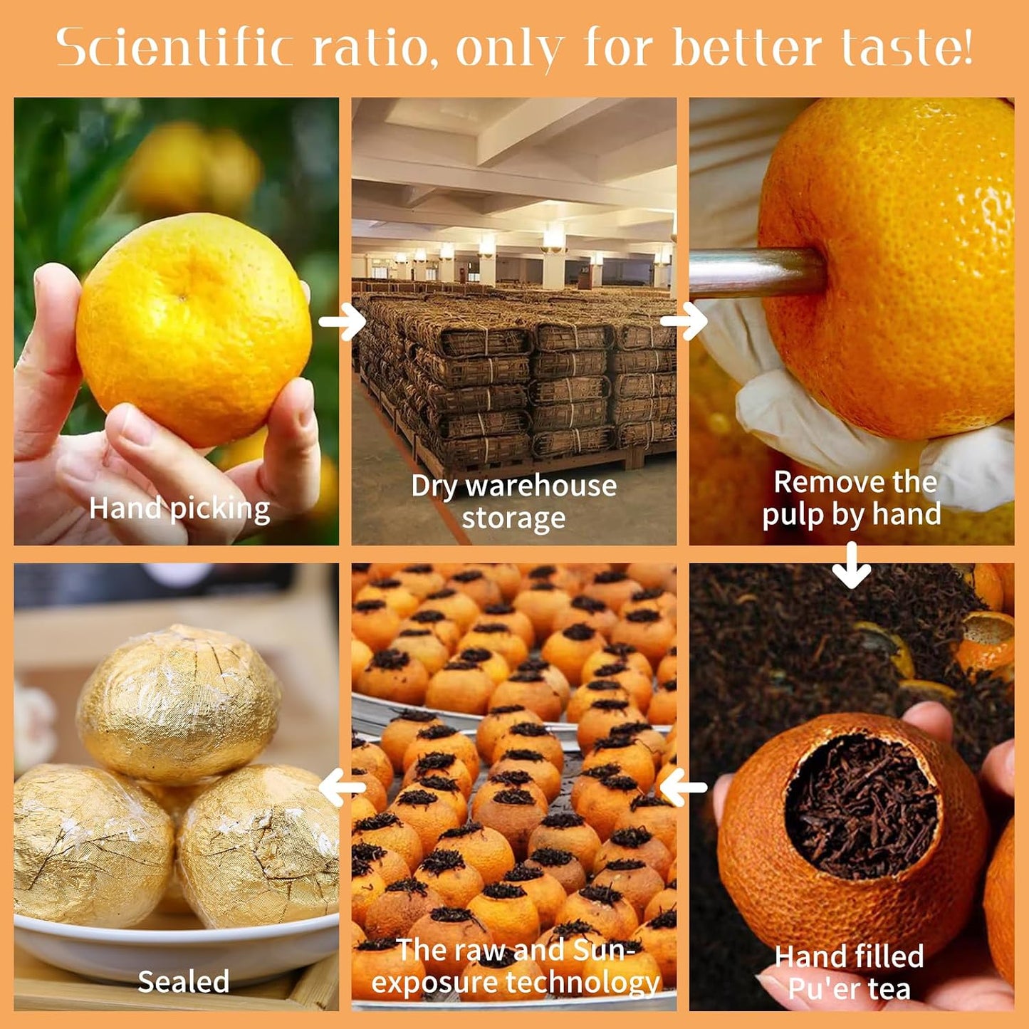 XIXICHA Tangerine Peel Puerh Tea Big Orange Peel Puer Tea Da Hong Gan Mandarin Orange Peel Puerh Xinhui ChenPi Pu'er Citrus Yunnan Puerh 大红柑 陈皮普洱茶 新会陈皮 云南普洱茶 熟茶 8.8oz/250g （One about 30-35g）