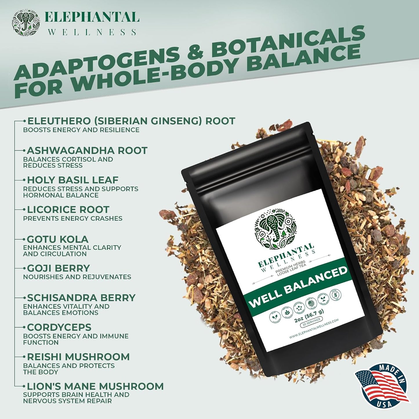 Elephantal Wellness Premium Well Balanced Herbal Tea | Healthy Cortisol, Adaptogenic Stress Energy Support with Ashwagandha, Goji, Reishi, Holy Basil &amp; Lion’s Mane, Caffeine-Free, Non-GMO, 4 oz
