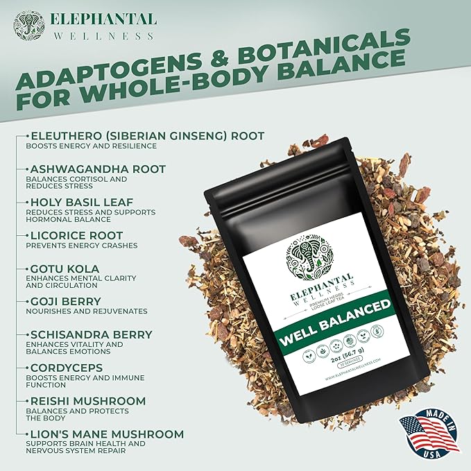 Elephantal Wellness Premium Well Balanced Herbal Tea, Healthy Cortisol, Adaptogenic Stress Energy Support with Ashwagandha, Goji, Reishi