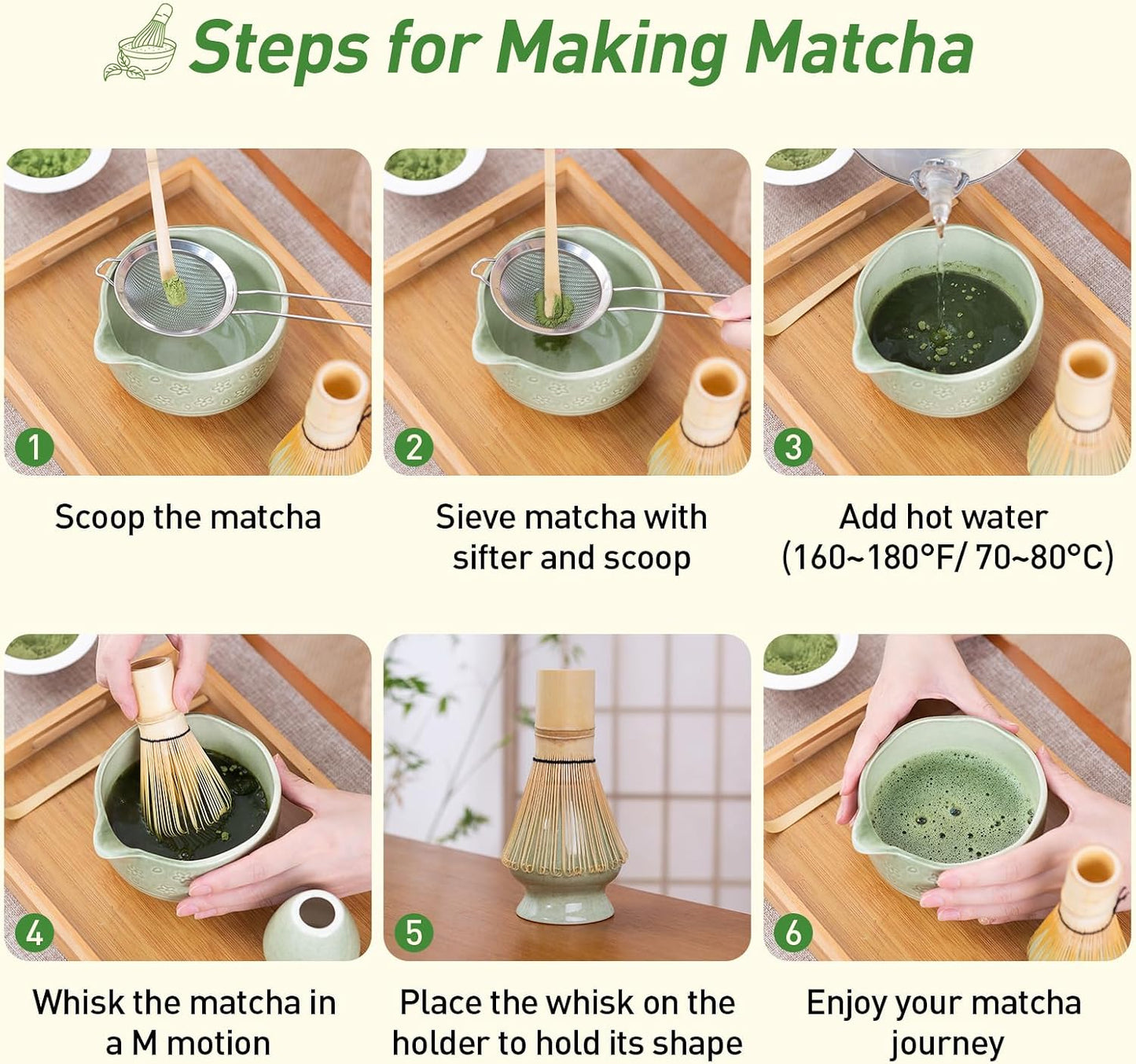 HOTTOR Matcha Whisk Set, 5-Piece Matcha Kit with 18 oz Ceramic Bowl | 18 oz spouted ceramic bowl, bamboo whisk, holder, scoop and stainless steel sifter for traditional matcha and creamy lattes