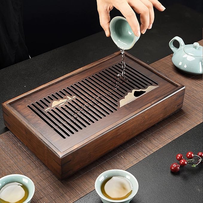 Bamboo Tea Tray Chinese Kungfu Serving Tray Gongfu Tea Table Box with Water Storage Kung Fu Tea Set Serving Tray 11.8 Inch