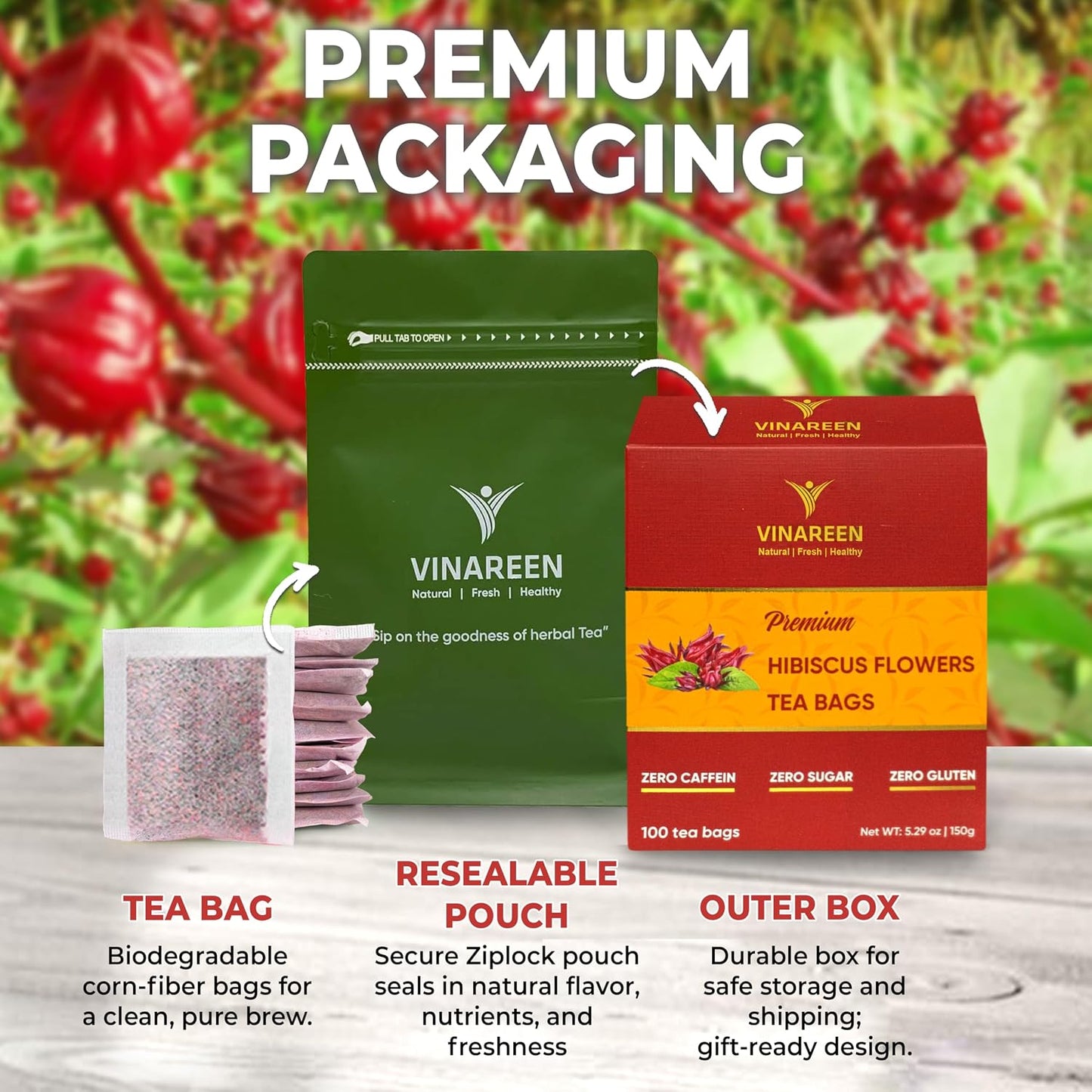 VINAREEN Hibiscus Tea Bags, 100 Count - Herbal Tea Made from Pure Hibiscus Flowers - Te De Flor De Jamaica - Caffeine Free, Sugar Free, Vegan, Non-GMO, No Additives.