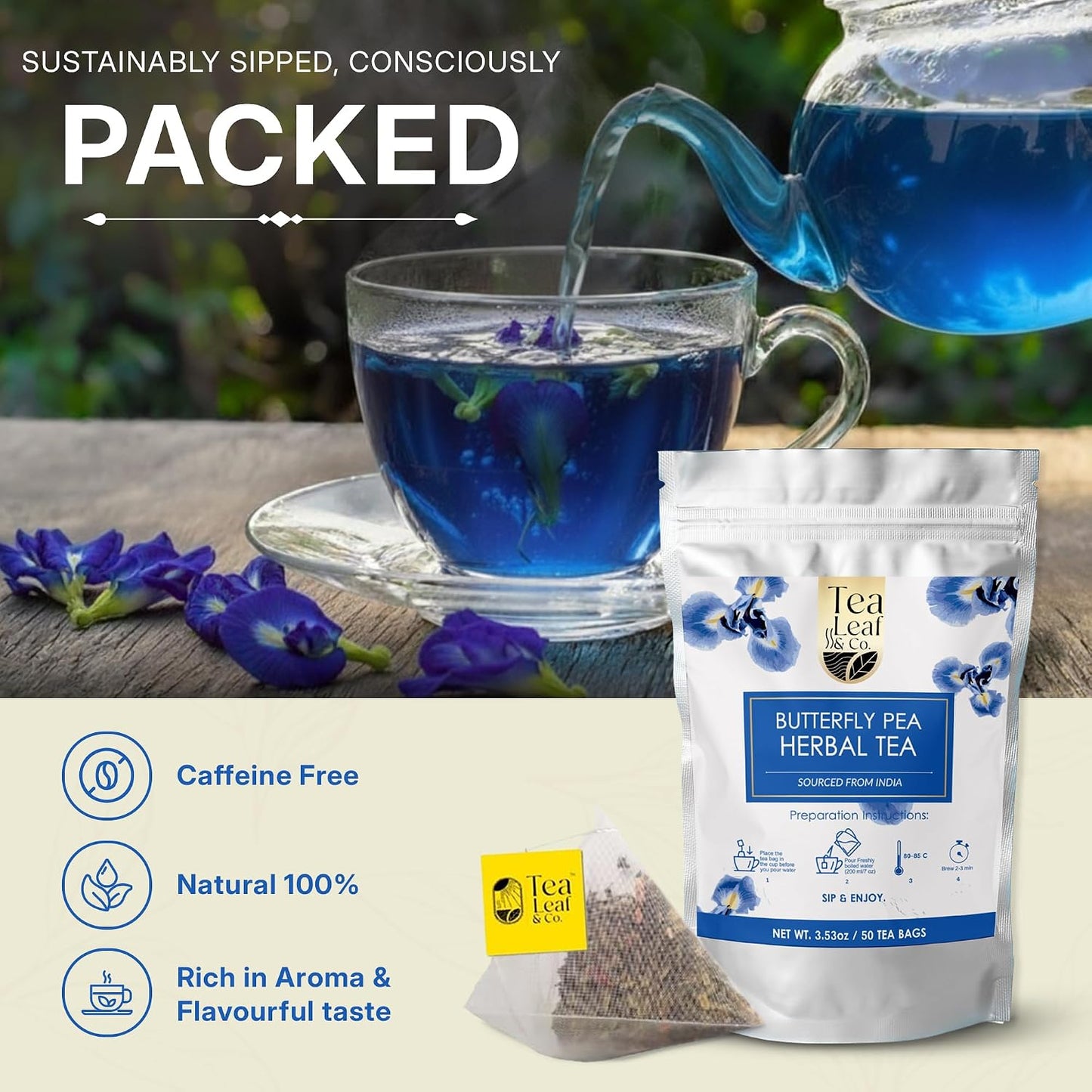 Tealeaf &amp; Co. Butterfly Pea Herbal Tea Bags Blended with Fresh Herbs - Herbal Tea with Butterfly Pea Flower - Contains Low Caffeine - Gluten Free - 50Teabags (3.52oz/100gm)