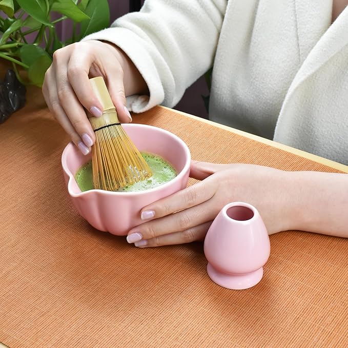 Artcome 7 Pcs Japanese Matcha Tea Set - Matcha Bowl with Pouring Spout, Matcha Whisk, Tea Scoop, Whisk Holder, Handmade Matcha Ceremony Kit For Japanese Tea Ceremony, Rose